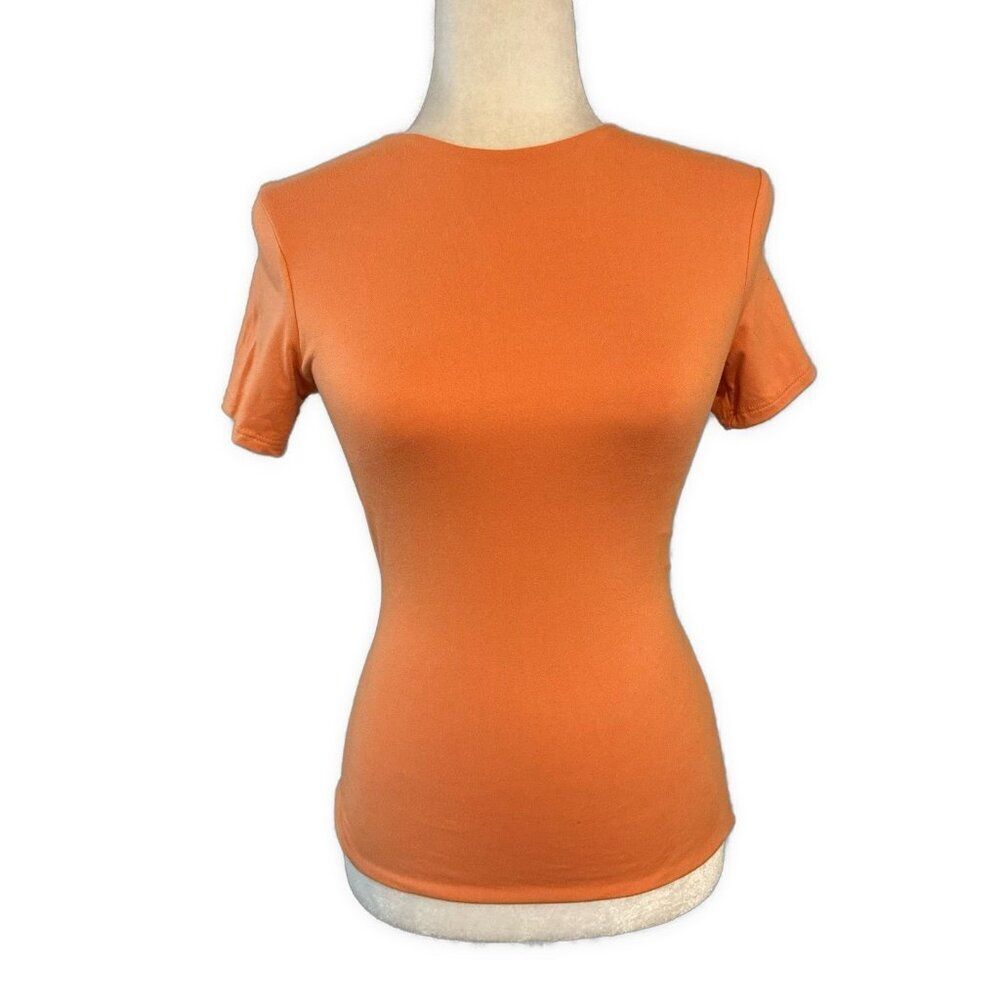 my outfit online Solid orange Crew Neck Fitted Knit Short Sleeve t shirt Small